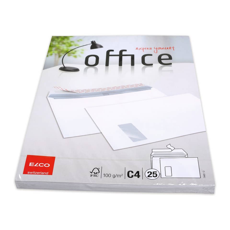 25x Versandtaschen C4 (229x324mm), Öffnung lange Seite, mit Fenster, weiß, haftklebend, 100g, ELCO Office Premium