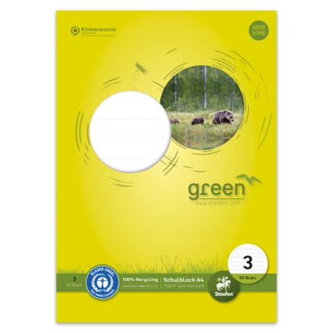 Staufen Green, Schulblock A4, 50 Blatt, 70 g/qm, 21 Doppellinien farbig, Lin3