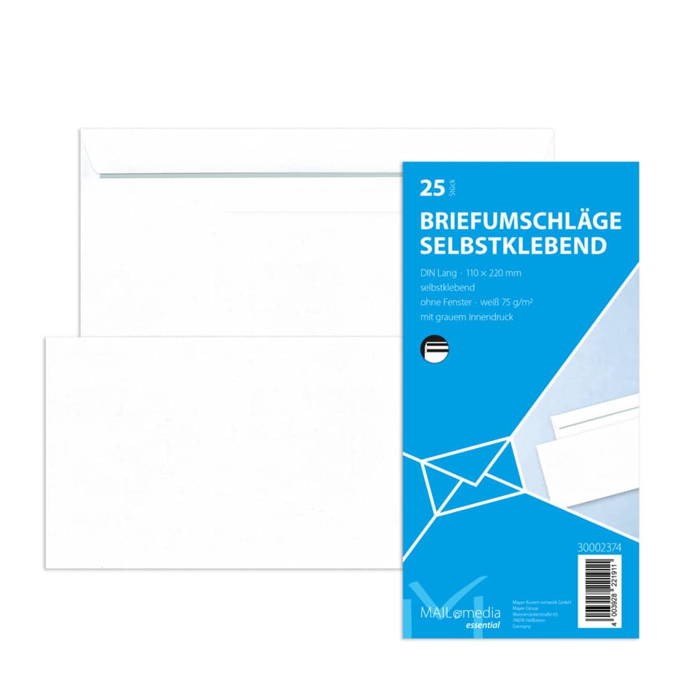 25x Briefumschläge DIN lang (110x220mm), ohne Fenster, weiß, selbstklebend, 72g