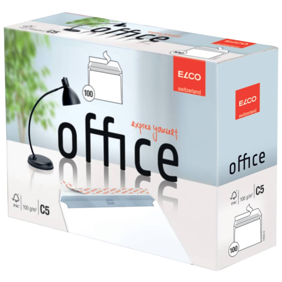 100x Briefumschläge C5 (162x229mm), Öffnung lange Seite. ohne Fenster, weiß, haftklebend, 100 g, ELCO Office Premium
