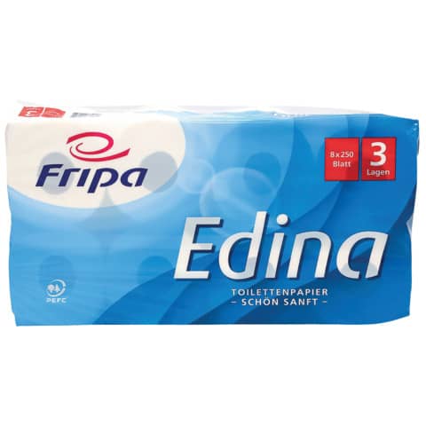 Toilettenpapier Edina - 3-lagig, geprägt, hochweiß , 8 Rollen à 250 Blatt