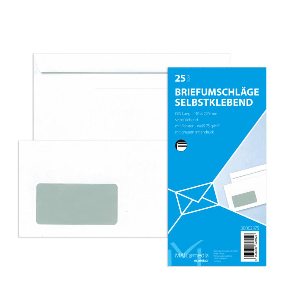 25x Briefumschläge DIN lang (110x220 mm), mit Fenster, weiß selbstklebend, 75g