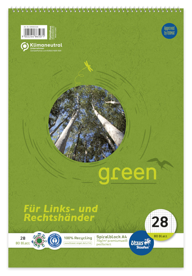 Staufen Green, Spiralblock A4, 80 Blatt, 70 g/qm, Links/ Rechtshänder, Lin28