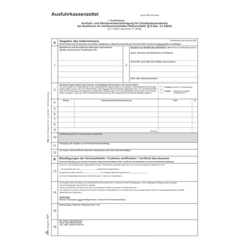 Ausfuhrkassenzettel / Abnehmerbescheinigung Umsatz steuer - SD, 1x3 Blatt, DIN A4