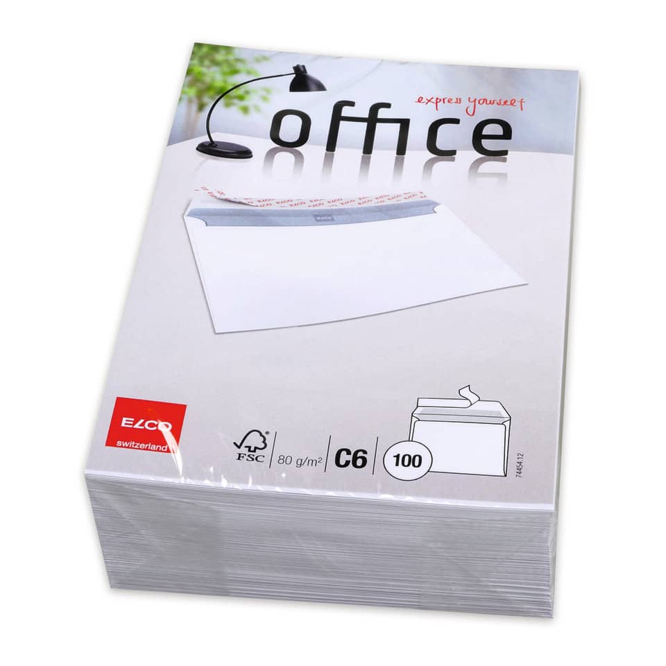 100x Briefumschläge C6 (114x162mm), ohne Fenster, weiß, haftklebend, 80 g/qm, ELCO Office Premium