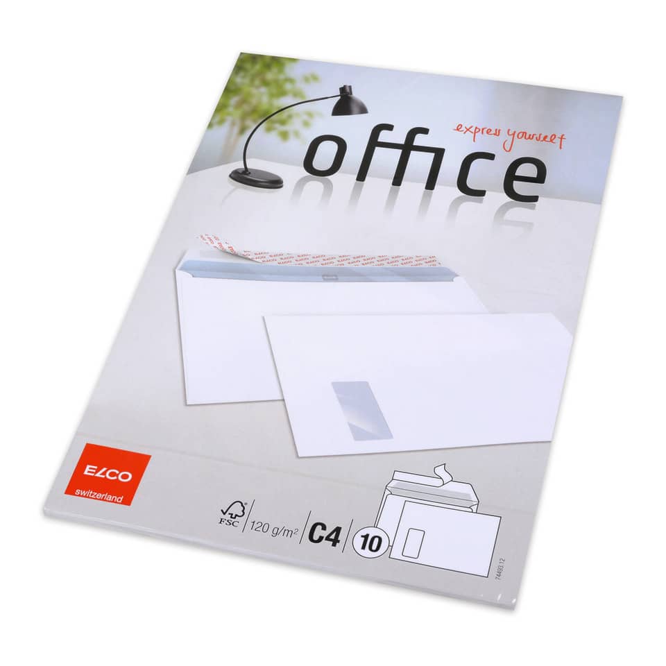 Briefumschlag Office - C4, hochweiß, haftklebend, mit Fenster, 80 g/qm, 10 Stück,