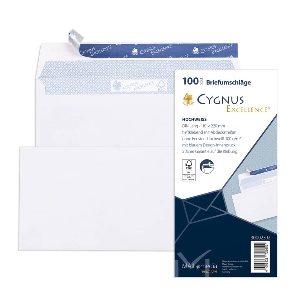 100x Briefumschläge DIN lang (110x220mm), ohne Fenster, weiß, haftklebend, 100g